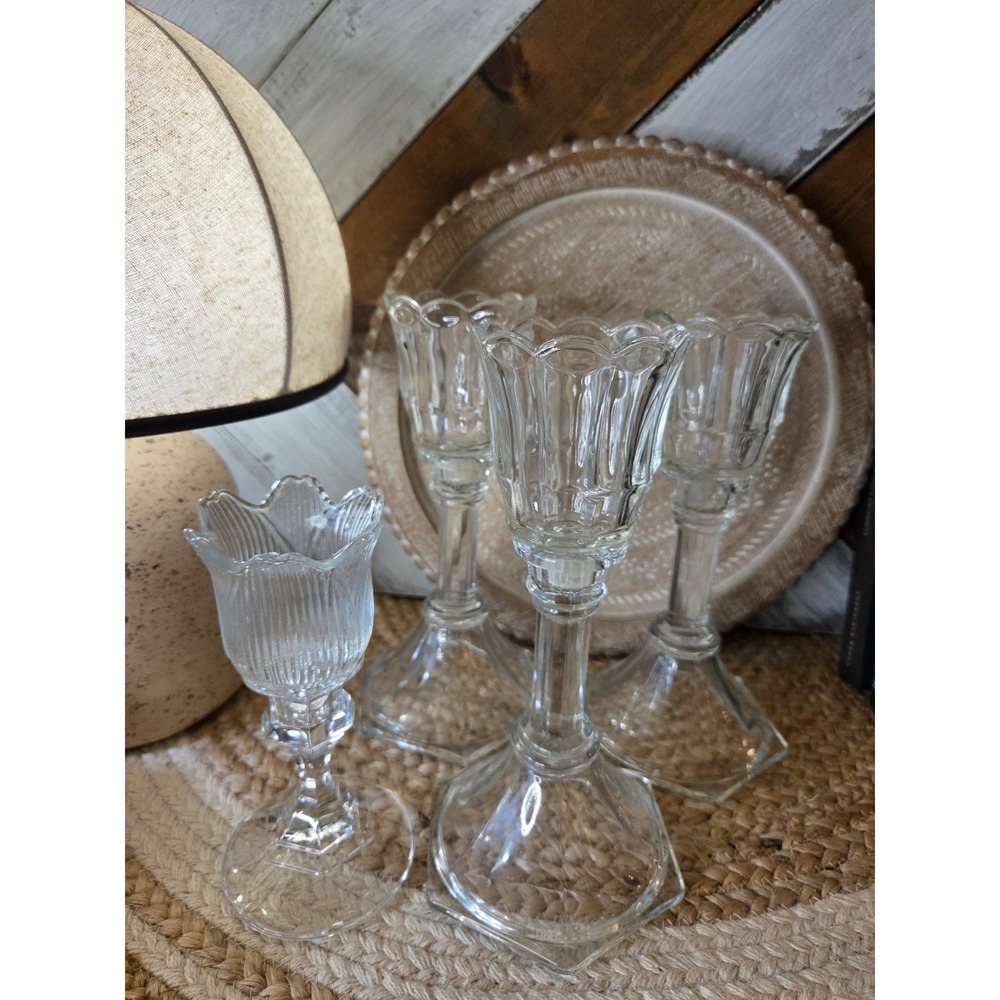 Vintage Clear Glass Tulip Votive Peg Candle Holders Scalloped Set of 4